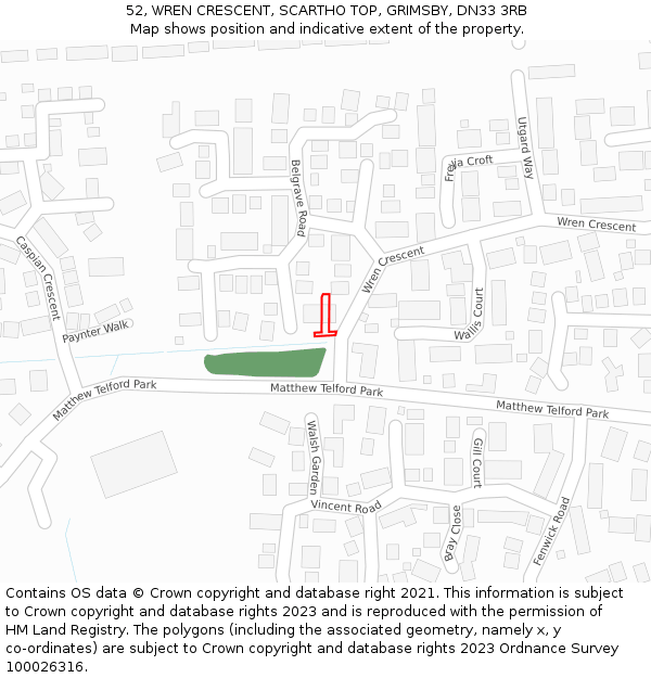 52, WREN CRESCENT, SCARTHO TOP, GRIMSBY, DN33 3RB: Location map and indicative extent of plot