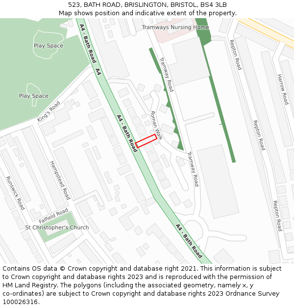 523, BATH ROAD, BRISLINGTON, BRISTOL, BS4 3LB: Location map and indicative extent of plot