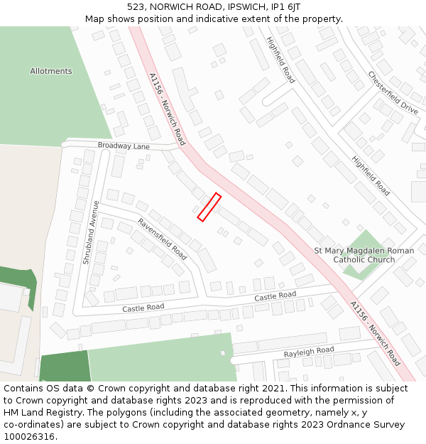 523, NORWICH ROAD, IPSWICH, IP1 6JT: Location map and indicative extent of plot