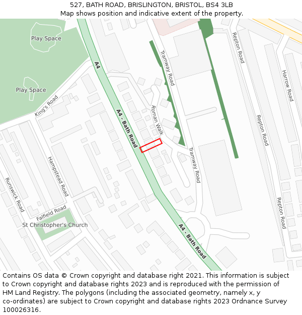 527, BATH ROAD, BRISLINGTON, BRISTOL, BS4 3LB: Location map and indicative extent of plot