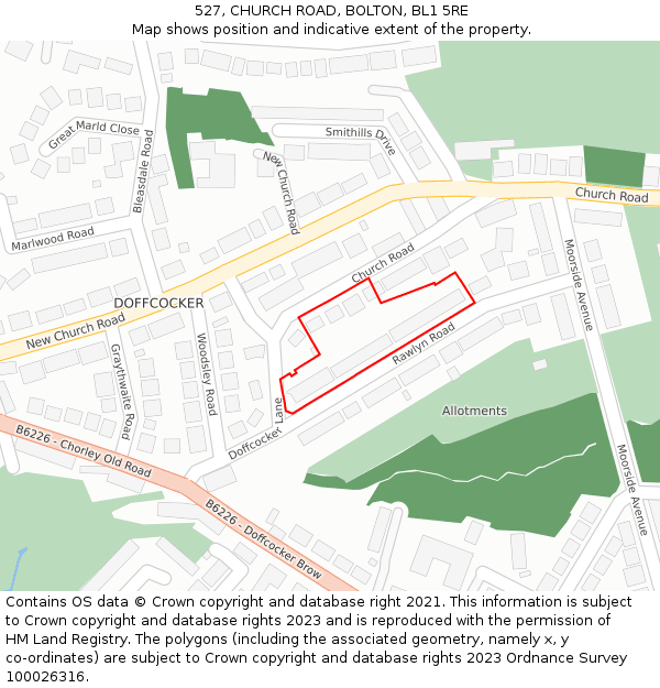 527, CHURCH ROAD, BOLTON, BL1 5RE: Location map and indicative extent of plot