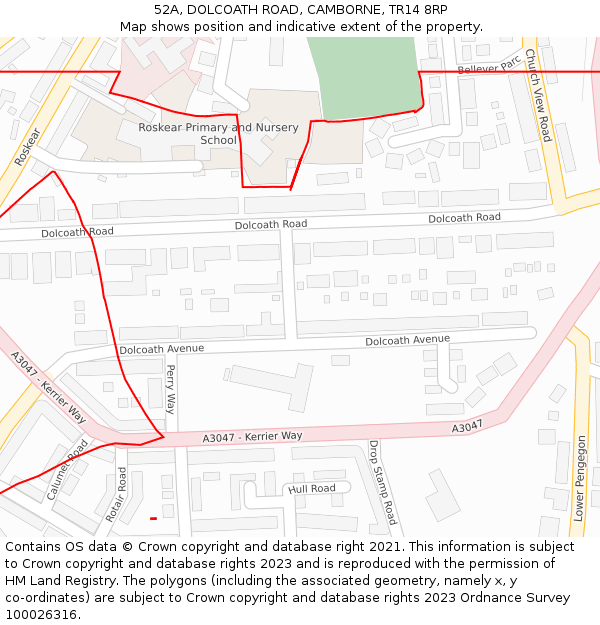 52A, DOLCOATH ROAD, CAMBORNE, TR14 8RP: Location map and indicative extent of plot