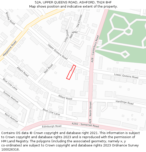 52A, UPPER QUEENS ROAD, ASHFORD, TN24 8HF: Location map and indicative extent of plot