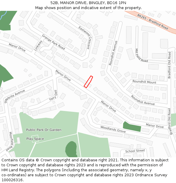 52B, MANOR DRIVE, BINGLEY, BD16 1PN: Location map and indicative extent of plot