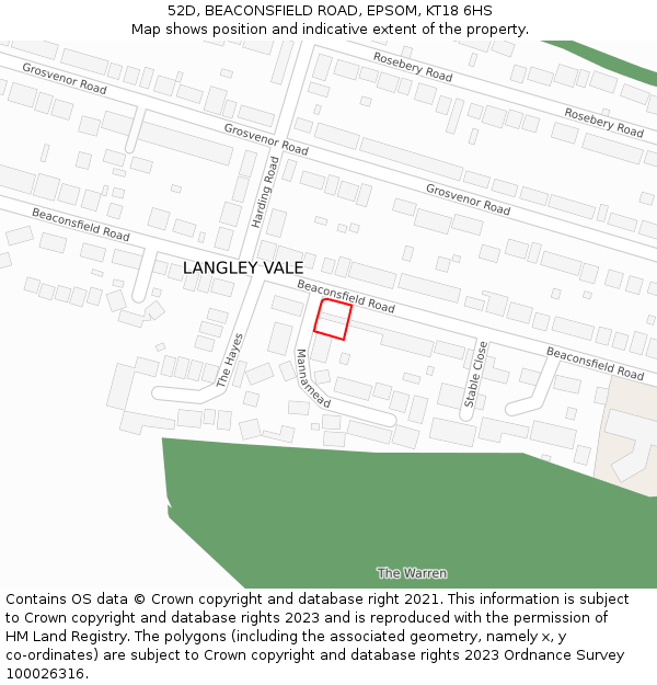 52D, BEACONSFIELD ROAD, EPSOM, KT18 6HS: Location map and indicative extent of plot