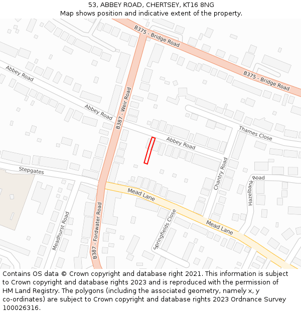 53, ABBEY ROAD, CHERTSEY, KT16 8NG: Location map and indicative extent of plot