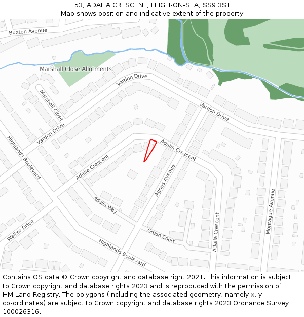 53, ADALIA CRESCENT, LEIGH-ON-SEA, SS9 3ST: Location map and indicative extent of plot