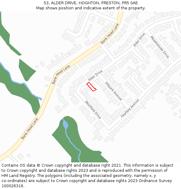 53, ALDER DRIVE, HOGHTON, PRESTON, PR5 0AE: Location map and indicative extent of plot