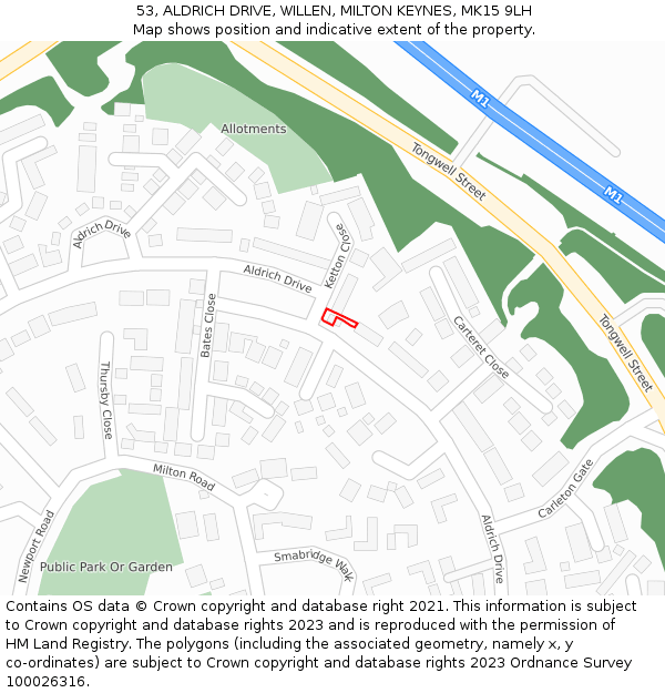 53, ALDRICH DRIVE, WILLEN, MILTON KEYNES, MK15 9LH: Location map and indicative extent of plot