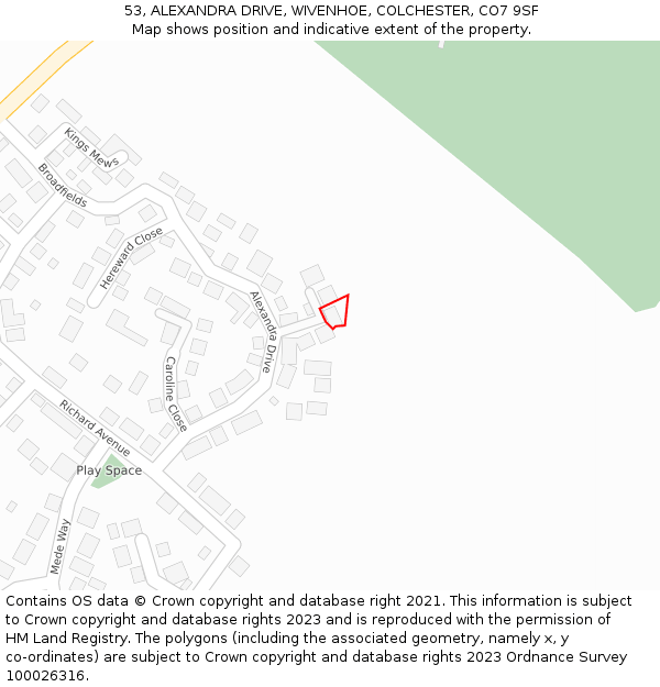 53, ALEXANDRA DRIVE, WIVENHOE, COLCHESTER, CO7 9SF: Location map and indicative extent of plot