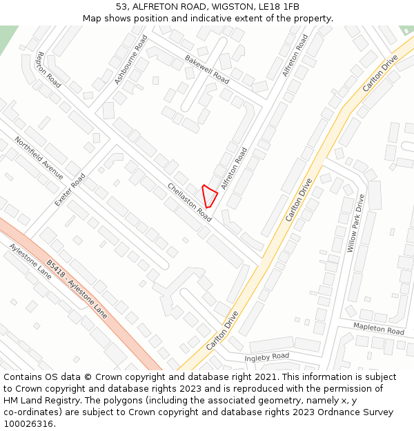53, ALFRETON ROAD, WIGSTON, LE18 1FB: Location map and indicative extent of plot