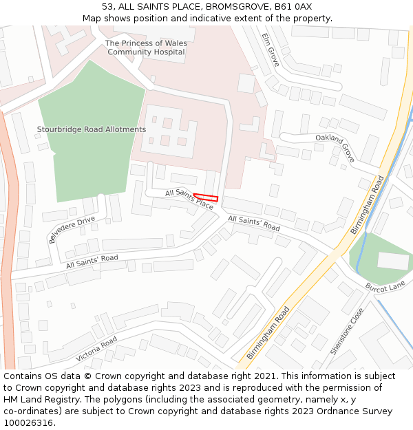 53, ALL SAINTS PLACE, BROMSGROVE, B61 0AX: Location map and indicative extent of plot