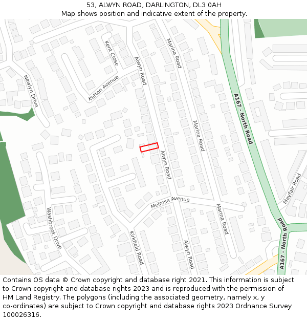 53, ALWYN ROAD, DARLINGTON, DL3 0AH: Location map and indicative extent of plot