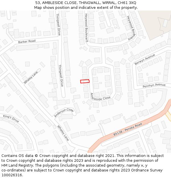 53, AMBLESIDE CLOSE, THINGWALL, WIRRAL, CH61 3XQ: Location map and indicative extent of plot
