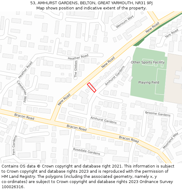 53, AMHURST GARDENS, BELTON, GREAT YARMOUTH, NR31 9PJ: Location map and indicative extent of plot