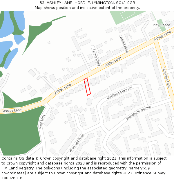 53, ASHLEY LANE, HORDLE, LYMINGTON, SO41 0GB: Location map and indicative extent of plot