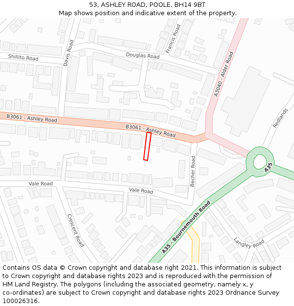 53, ASHLEY ROAD, POOLE, BH14 9BT: Location map and indicative extent of plot