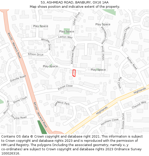 53, ASHMEAD ROAD, BANBURY, OX16 1AA: Location map and indicative extent of plot