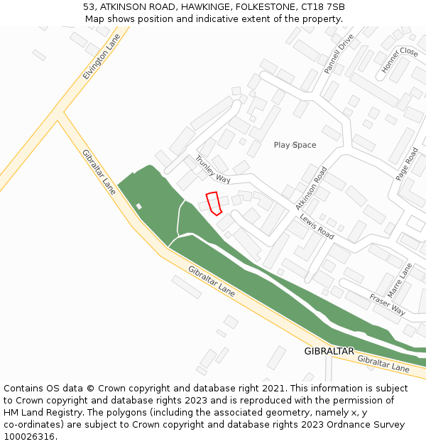 53, ATKINSON ROAD, HAWKINGE, FOLKESTONE, CT18 7SB: Location map and indicative extent of plot