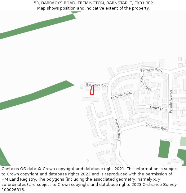 53, BARRACKS ROAD, FREMINGTON, BARNSTAPLE, EX31 3FP: Location map and indicative extent of plot
