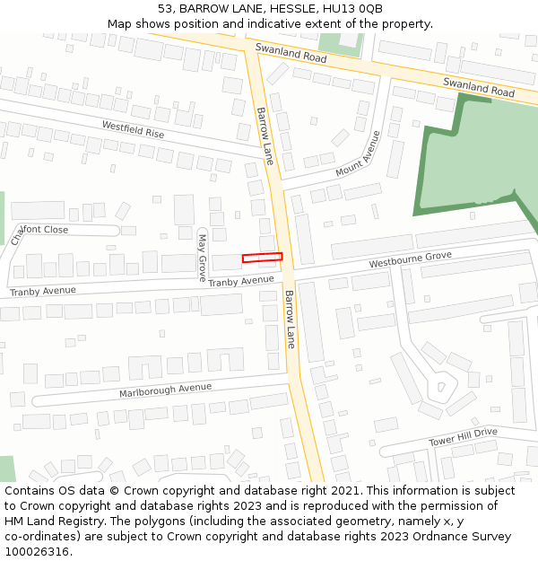 53, BARROW LANE, HESSLE, HU13 0QB: Location map and indicative extent of plot