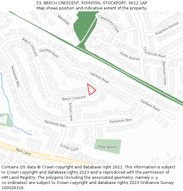 53, BEECH CRESCENT, POYNTON, STOCKPORT, SK12 1AP: Location map and indicative extent of plot