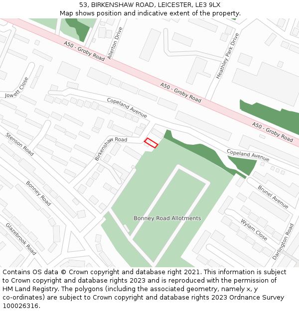 53, BIRKENSHAW ROAD, LEICESTER, LE3 9LX: Location map and indicative extent of plot