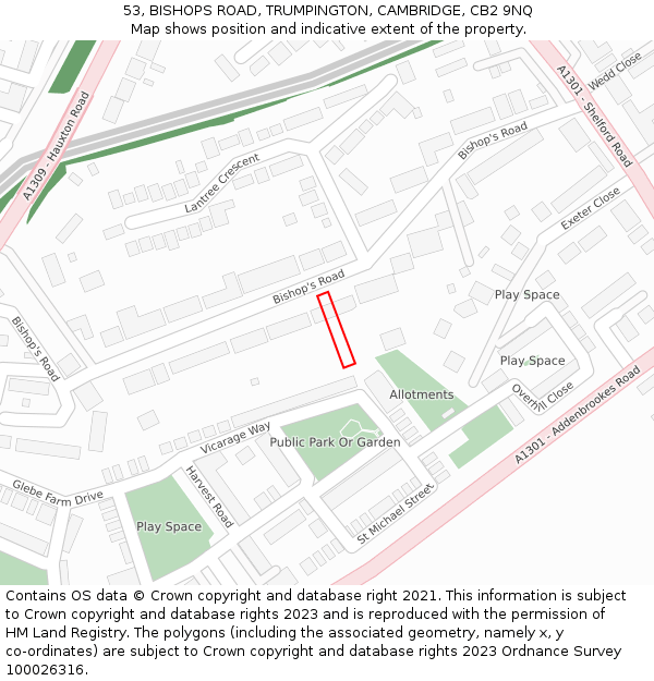 53, BISHOPS ROAD, TRUMPINGTON, CAMBRIDGE, CB2 9NQ: Location map and indicative extent of plot