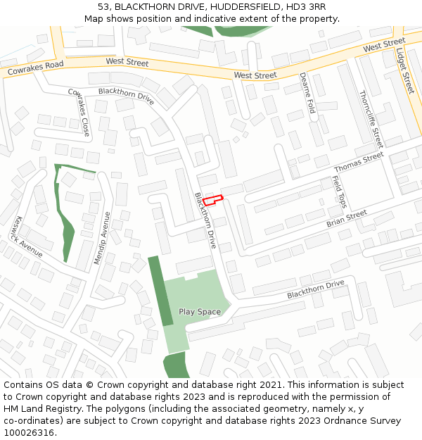 53, BLACKTHORN DRIVE, HUDDERSFIELD, HD3 3RR: Location map and indicative extent of plot