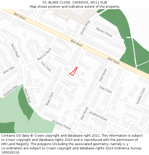 53, BLAKE CLOSE, CANNOCK, WS11 5UB: Location map and indicative extent of plot