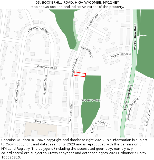 53, BOOKERHILL ROAD, HIGH WYCOMBE, HP12 4EY: Location map and indicative extent of plot