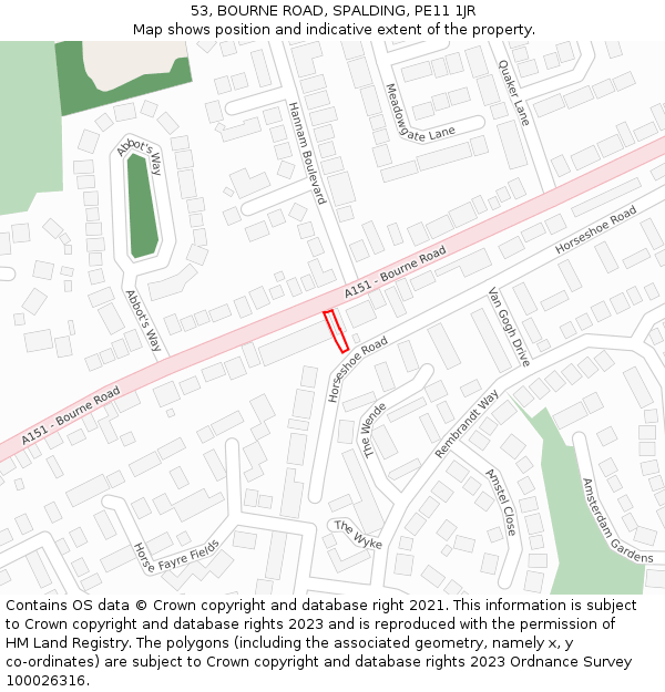 53, BOURNE ROAD, SPALDING, PE11 1JR: Location map and indicative extent of plot