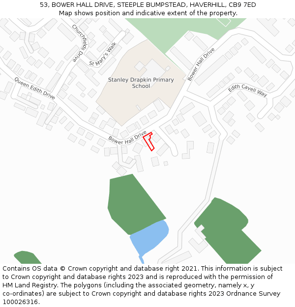 53, BOWER HALL DRIVE, STEEPLE BUMPSTEAD, HAVERHILL, CB9 7ED: Location map and indicative extent of plot