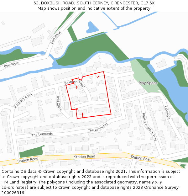 53, BOXBUSH ROAD, SOUTH CERNEY, CIRENCESTER, GL7 5XJ: Location map and indicative extent of plot