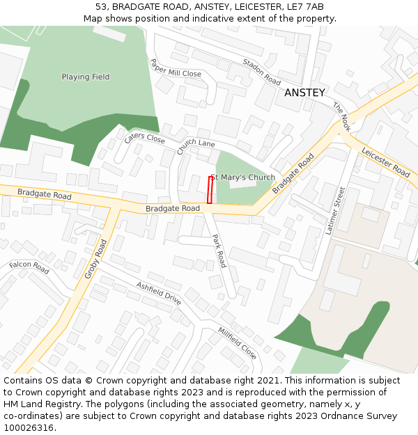 53, BRADGATE ROAD, ANSTEY, LEICESTER, LE7 7AB: Location map and indicative extent of plot