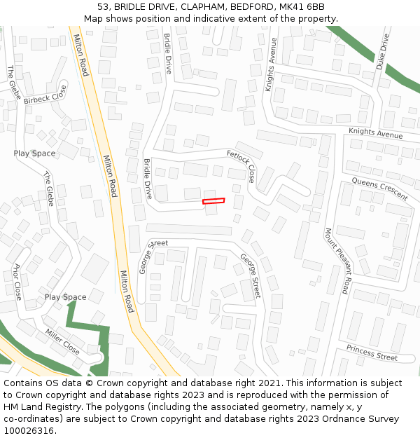 53, BRIDLE DRIVE, CLAPHAM, BEDFORD, MK41 6BB: Location map and indicative extent of plot