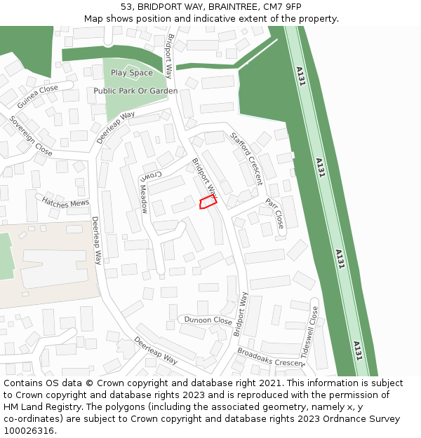 53, BRIDPORT WAY, BRAINTREE, CM7 9FP: Location map and indicative extent of plot
