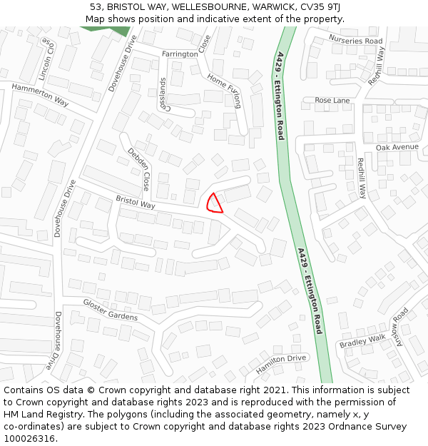 53, BRISTOL WAY, WELLESBOURNE, WARWICK, CV35 9TJ: Location map and indicative extent of plot