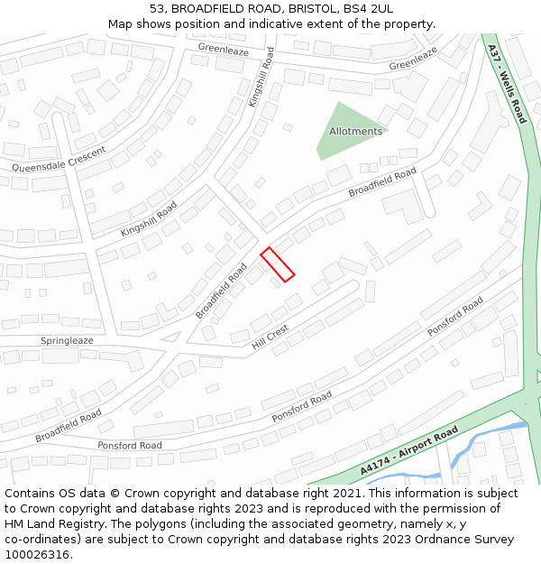 53, BROADFIELD ROAD, BRISTOL, BS4 2UL: Location map and indicative extent of plot