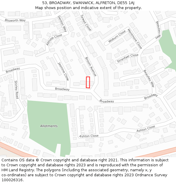 53, BROADWAY, SWANWICK, ALFRETON, DE55 1AJ: Location map and indicative extent of plot