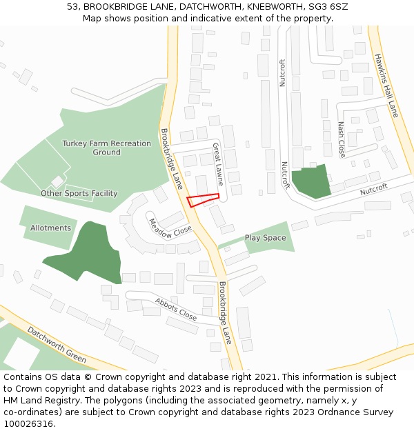 53, BROOKBRIDGE LANE, DATCHWORTH, KNEBWORTH, SG3 6SZ: Location map and indicative extent of plot