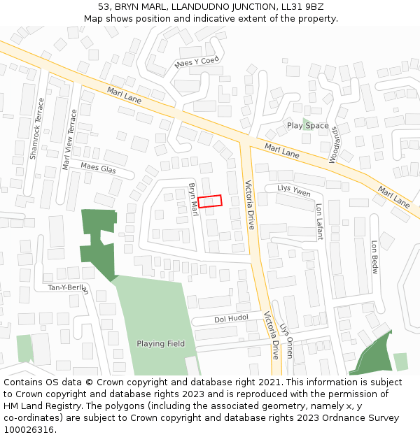 53, BRYN MARL, LLANDUDNO JUNCTION, LL31 9BZ: Location map and indicative extent of plot