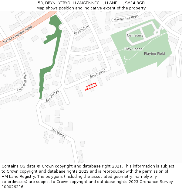 53, BRYNHYFRYD, LLANGENNECH, LLANELLI, SA14 8GB: Location map and indicative extent of plot