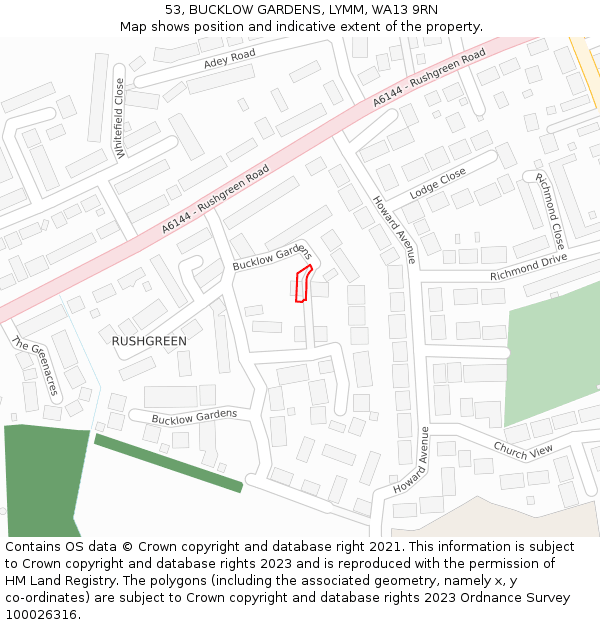 53, BUCKLOW GARDENS, LYMM, WA13 9RN: Location map and indicative extent of plot