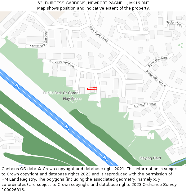 53, BURGESS GARDENS, NEWPORT PAGNELL, MK16 0NT: Location map and indicative extent of plot