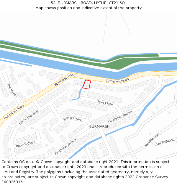 53, BURMARSH ROAD, HYTHE, CT21 6QL: Location map and indicative extent of plot