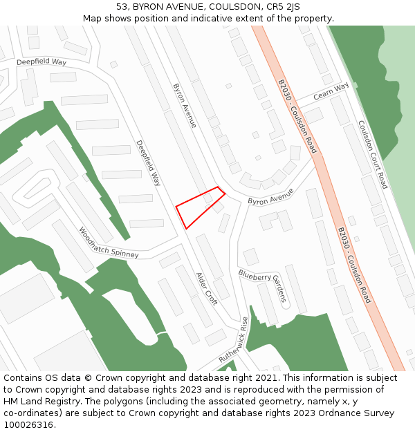 53, BYRON AVENUE, COULSDON, CR5 2JS: Location map and indicative extent of plot