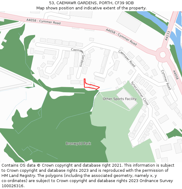 53, CAEMAWR GARDENS, PORTH, CF39 9DB: Location map and indicative extent of plot