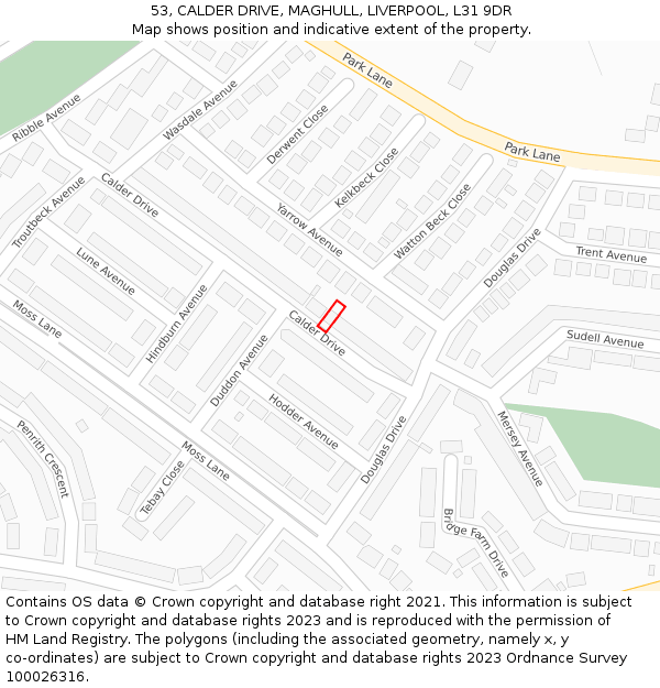 53, CALDER DRIVE, MAGHULL, LIVERPOOL, L31 9DR: Location map and indicative extent of plot