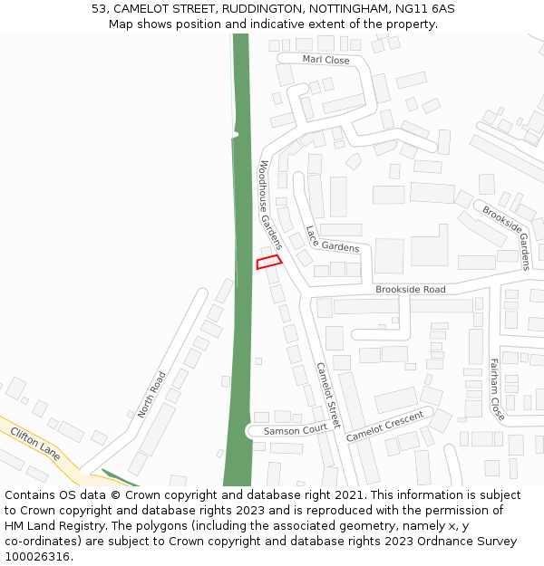 53, CAMELOT STREET, RUDDINGTON, NOTTINGHAM, NG11 6AS: Location map and indicative extent of plot